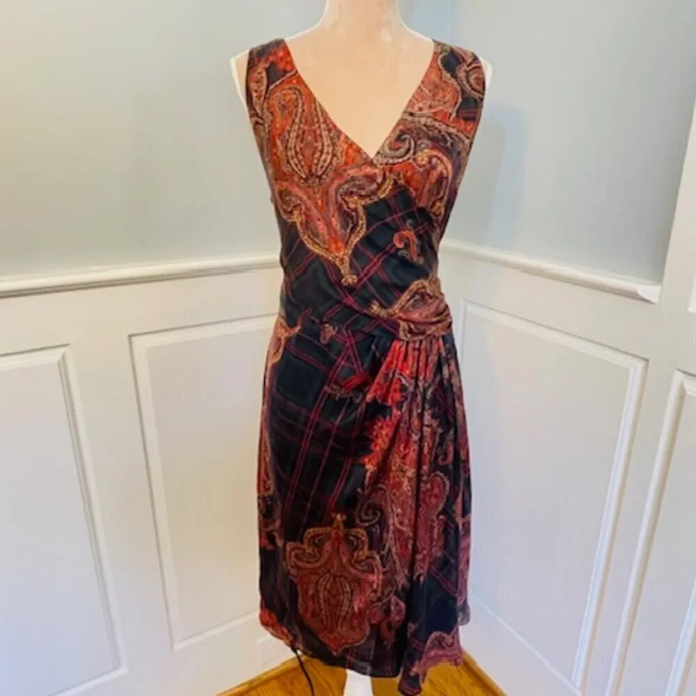 Lauren Ralph Lauren Silk Dress Paisley Plaid Wrap Style Midi Sleeveless 14